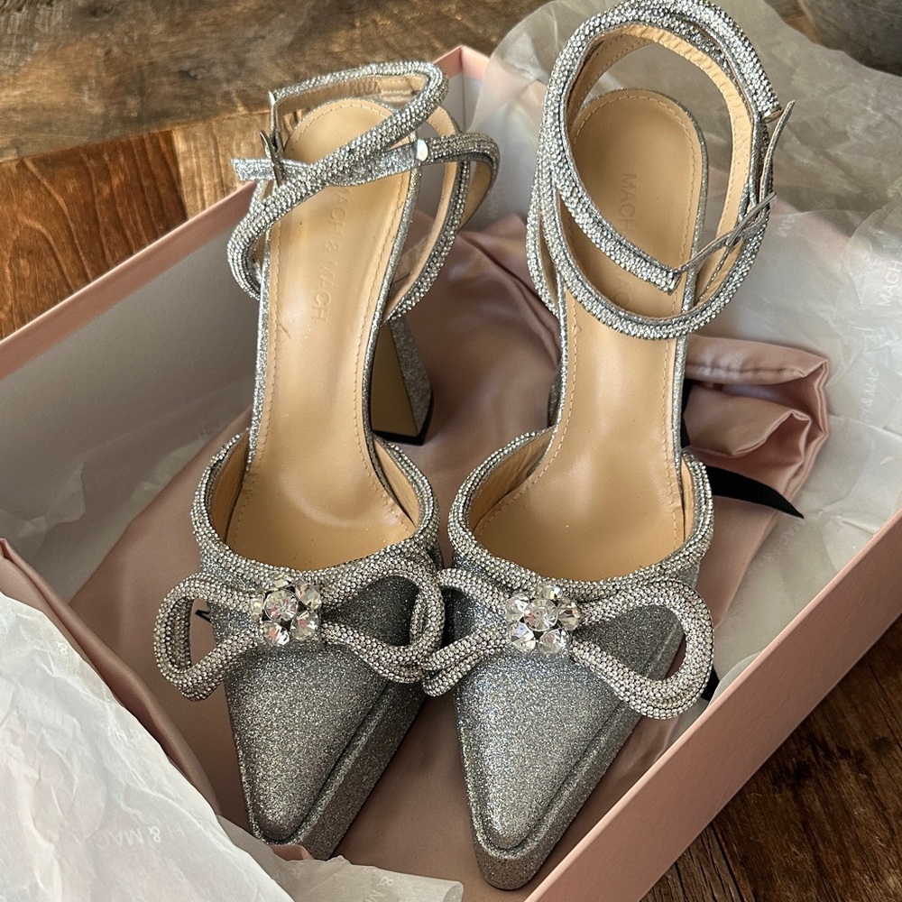 MACH & MACH Glittering Silver Heels with Crystal Bow